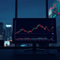 Forex trading monitor displaying USD/CNY chart with range-bound movement.