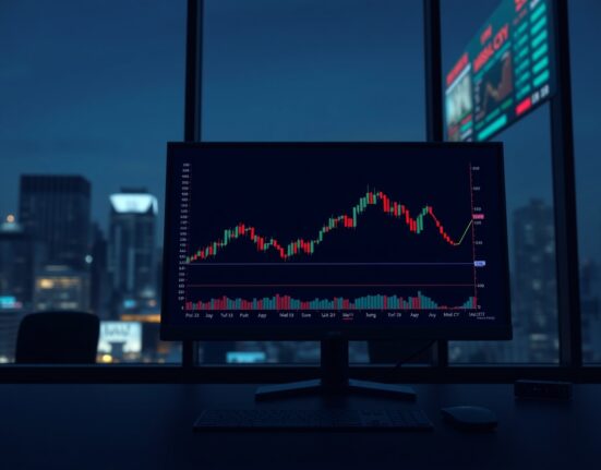 Forex trading monitor displaying USD/CNY chart with range-bound movement.