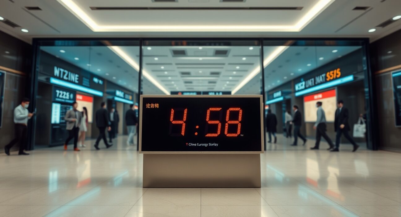 Digital exchange rate board showing Chinese yuan against US dollar in a Shanghai financial district