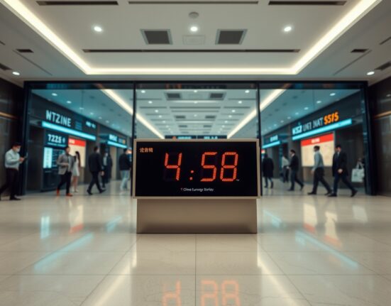 Digital exchange rate board showing Chinese yuan against US dollar in a Shanghai financial district