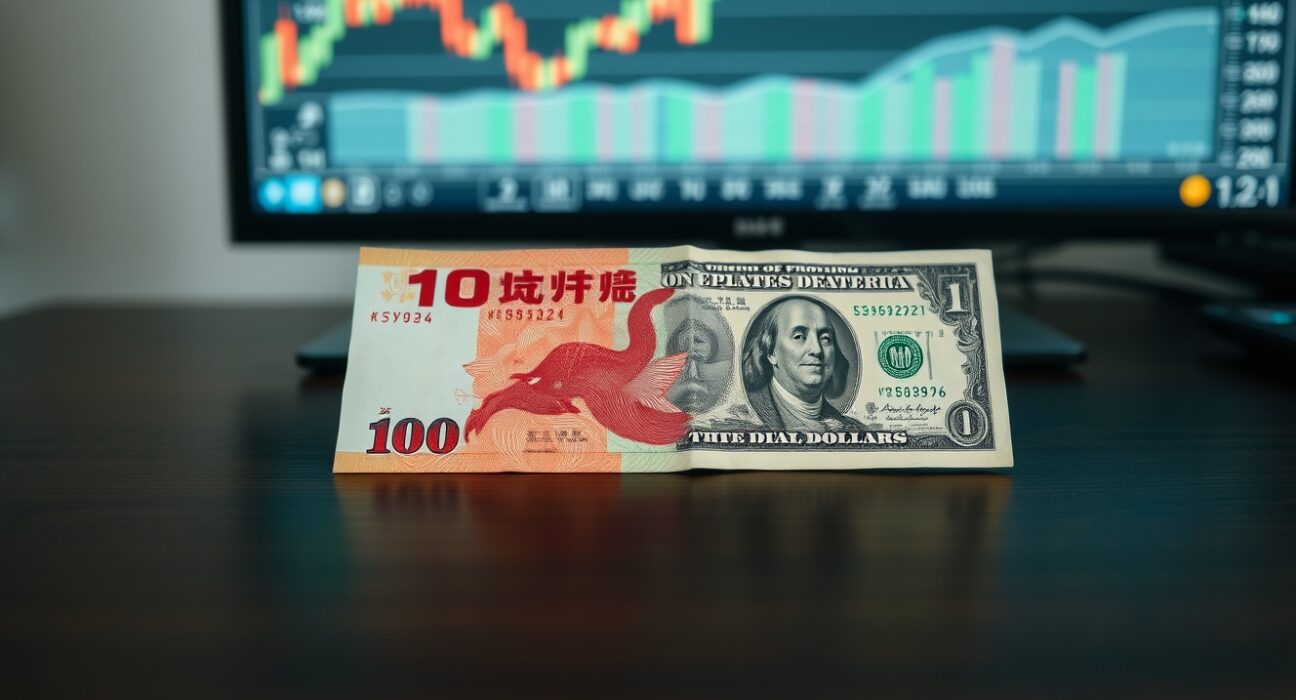 Chinese yuan and US dollar banknotes on a desk with a blurred forex chart in background.