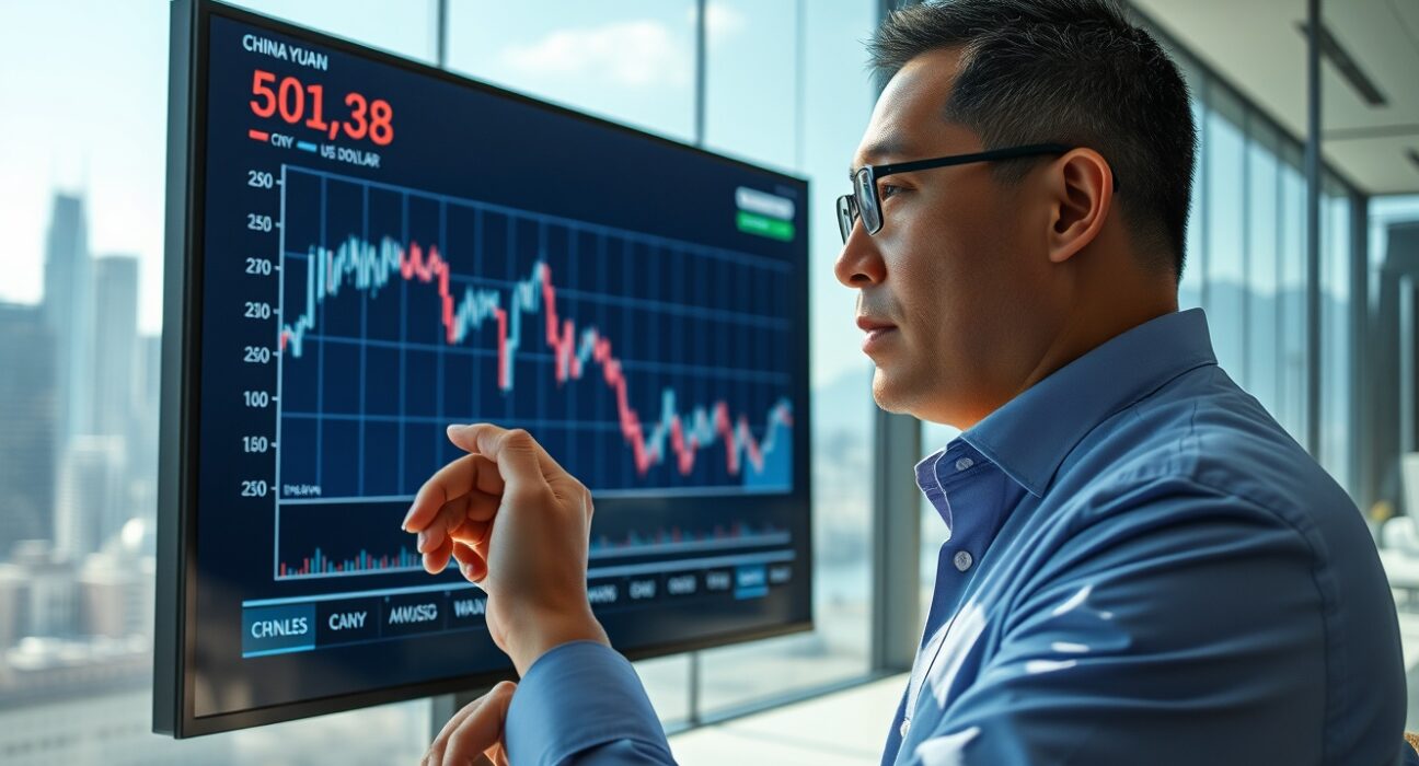 Financial analyst studying a live chart showing Chinese Yuan vs US Dollar exchange rate in a modern office.