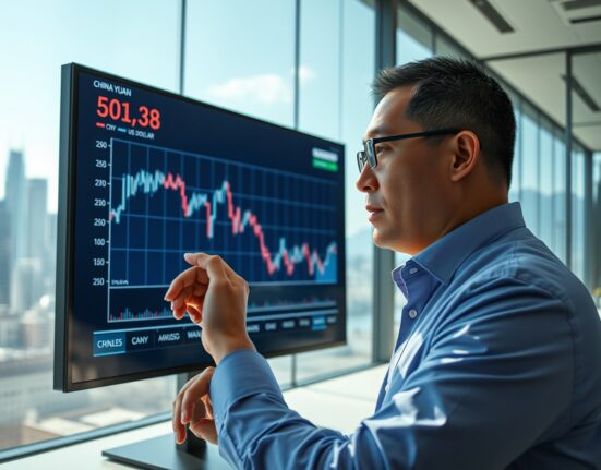 Financial analyst studying a live chart showing Chinese Yuan vs US Dollar exchange rate in a modern office.