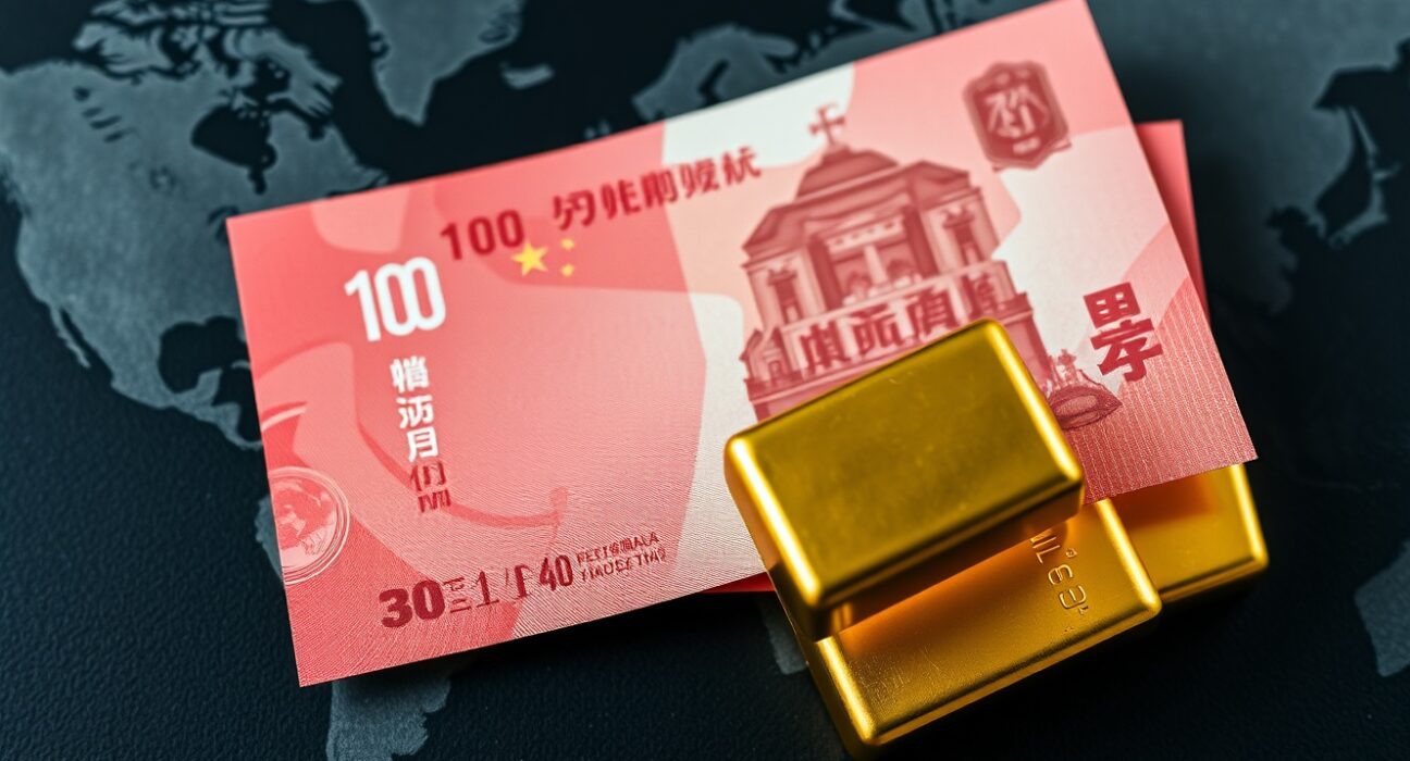 Chinese yuan banknotes and gold bars representing the currency's growing role as a global safe-haven asset.