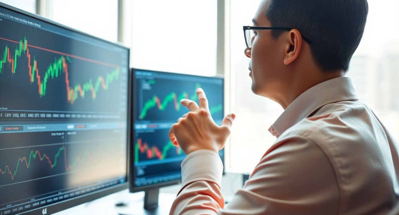 Financial analyst monitoring USD/CNY sideways trade on multiple screens in a modern office