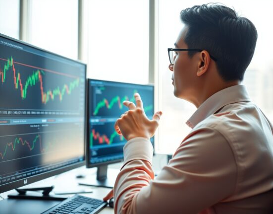 Financial analyst monitoring USD/CNY sideways trade on multiple screens in a modern office
