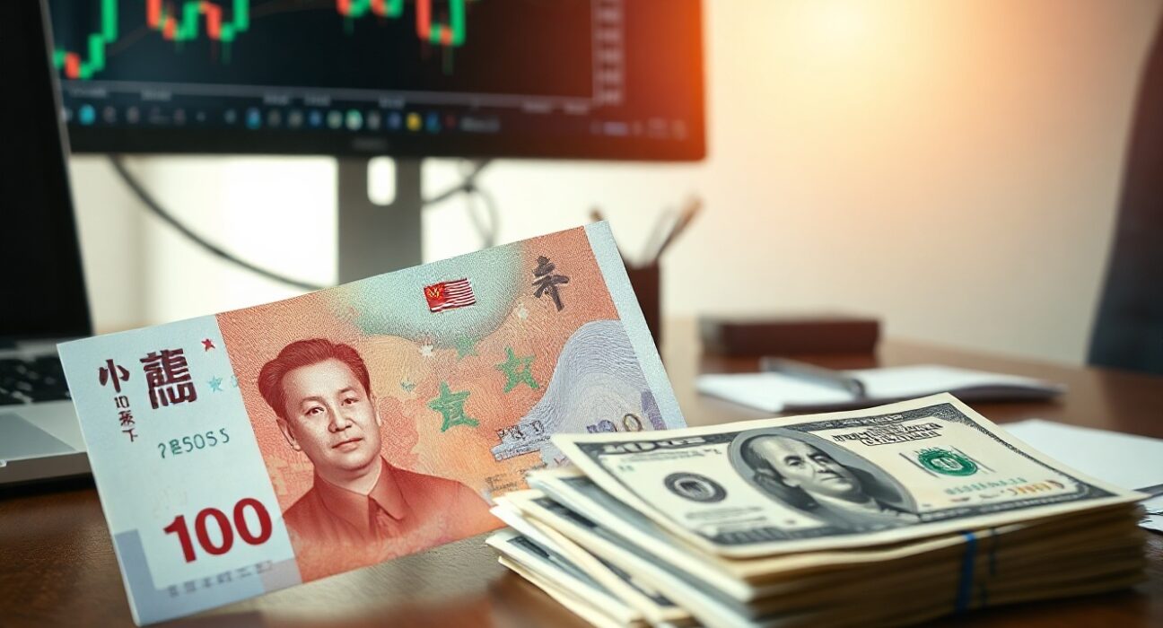 Chinese yuan and US dollar banknotes on a desk with a financial chart on a monitor