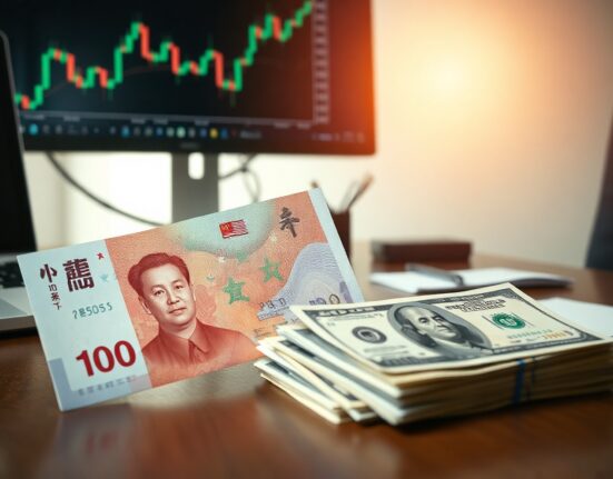 Chinese yuan and US dollar banknotes on a desk with a financial chart on a monitor