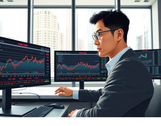 Financial analyst examining Chinese yuan currency strength data on trading screens in professional environment