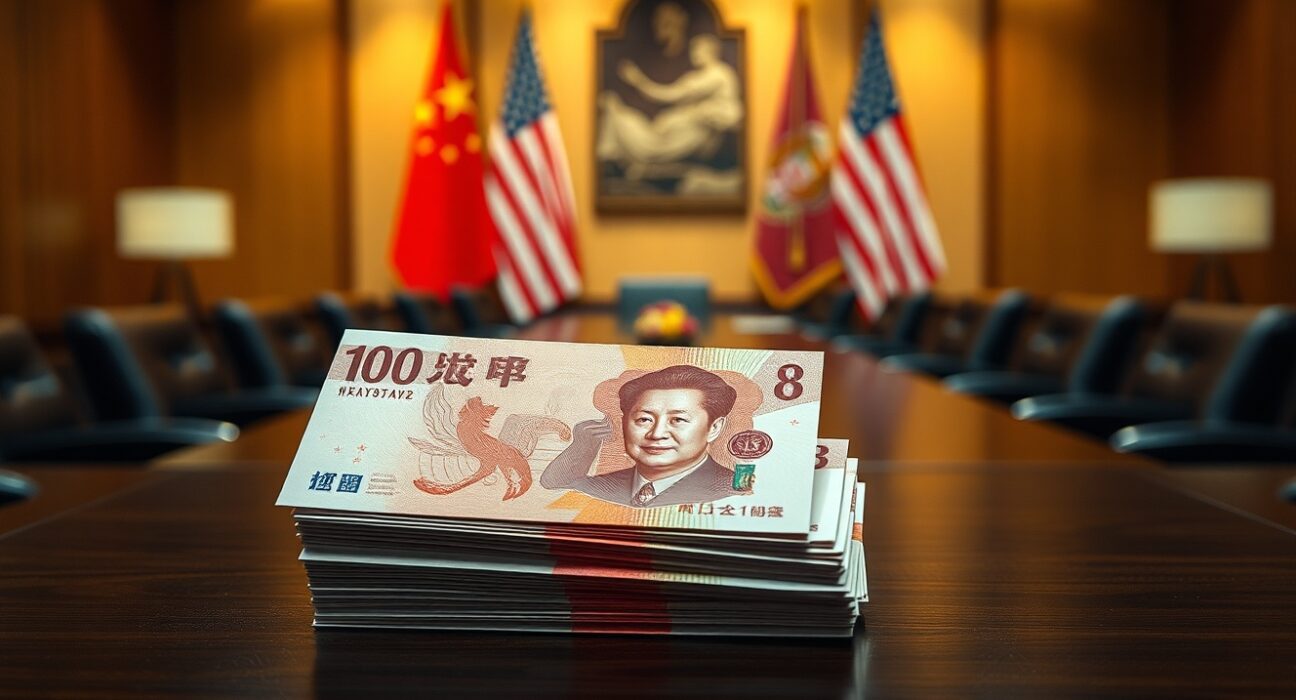 Stack of Chinese yuan banknotes on a desk with blurred US and China flags in background