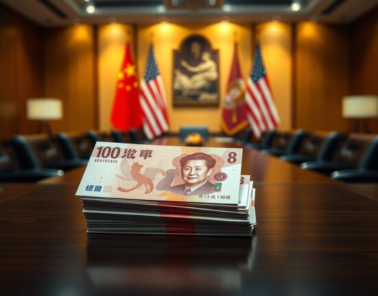 Stack of Chinese yuan banknotes on a desk with blurred US and China flags in background