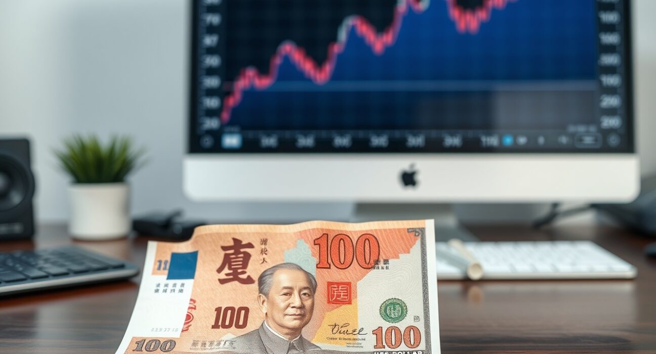 Chinese Yuan and US Dollar banknotes on a desk with a financial chart in the background