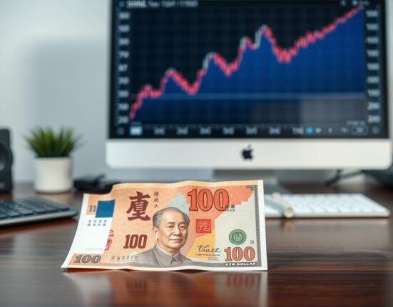 Chinese Yuan and US Dollar banknotes on a desk with a financial chart in the background