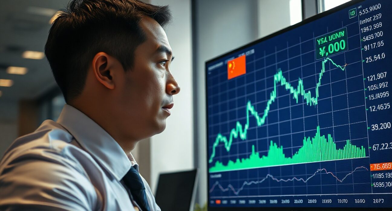 Financial analyst reviewing Chinese yuan chart and trade data on a digital screen