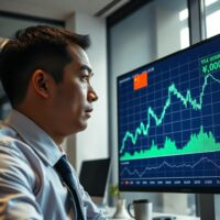 Financial analyst reviewing Chinese yuan chart and trade data on a digital screen