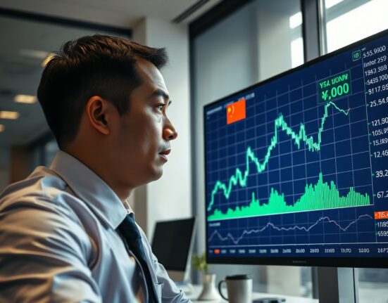 Financial analyst reviewing Chinese yuan chart and trade data on a digital screen