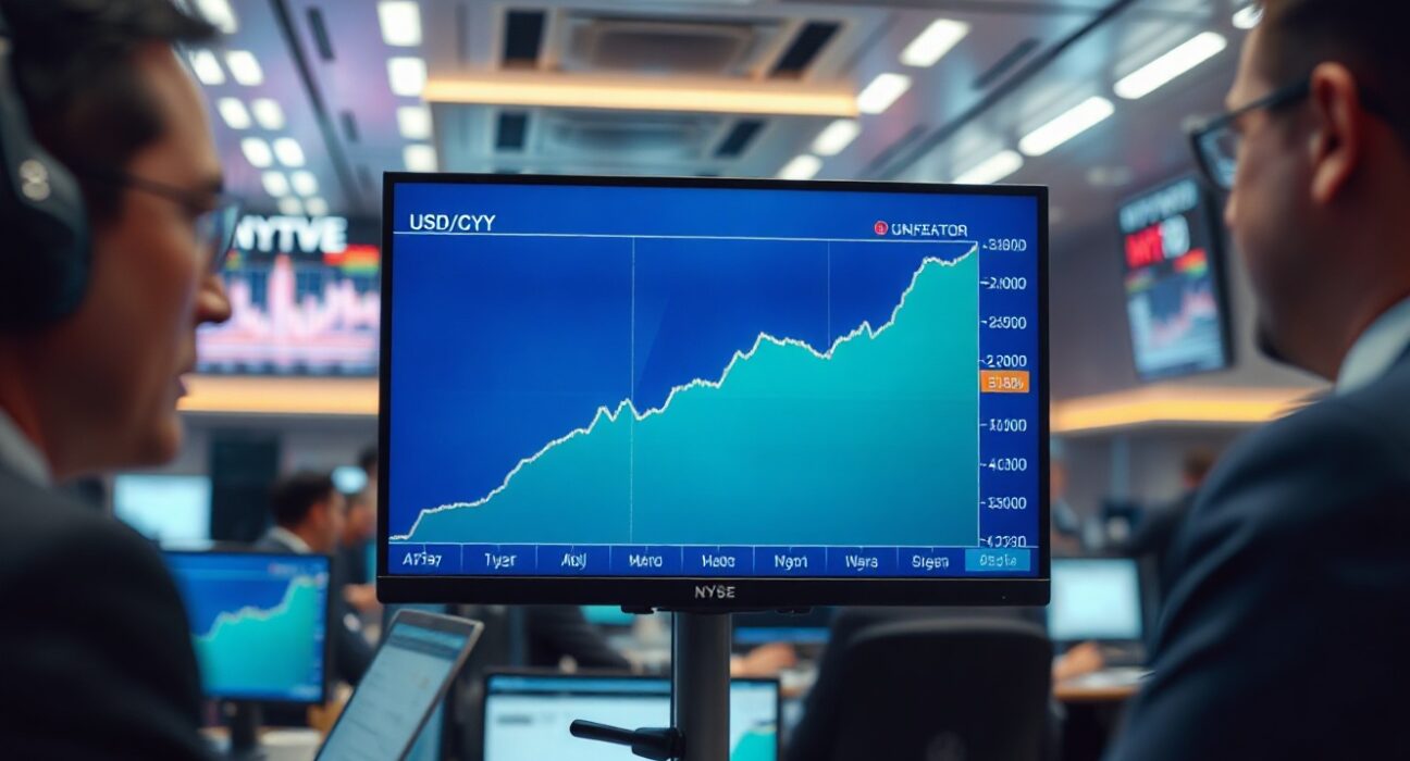 Financial market screen showing USD/CNY exchange rate chart with upward trend
