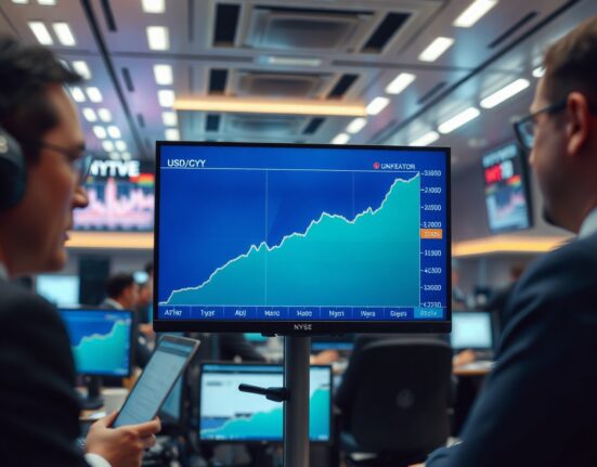 Financial market screen showing USD/CNY exchange rate chart with upward trend
