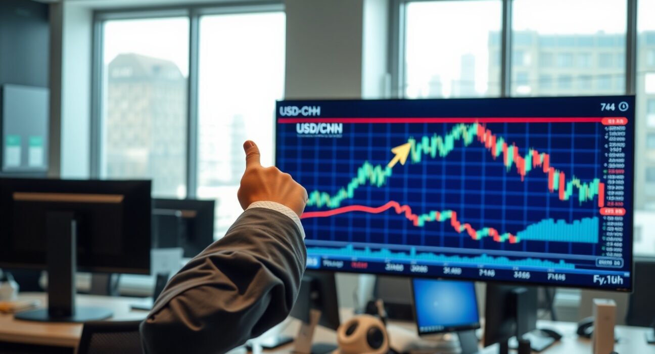 Financial analyst pointing at USD/CNH chart showing bullish bias