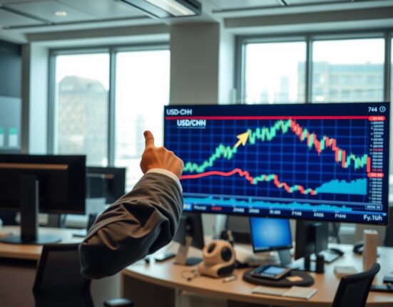 Financial analyst pointing at USD/CNH chart showing bullish bias