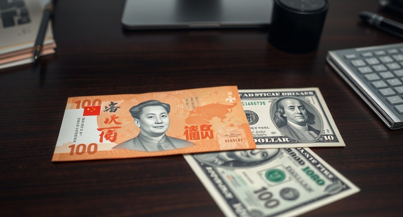 Chinese Yuan and US Dollar banknotes on a desk representing currency exchange analysis
