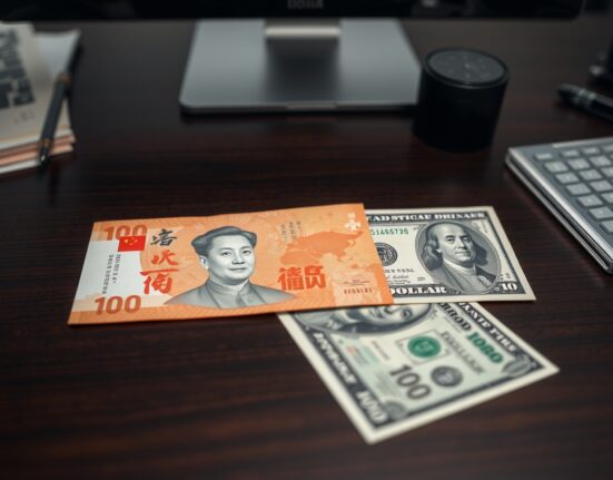 Chinese Yuan and US Dollar banknotes on a desk representing currency exchange analysis