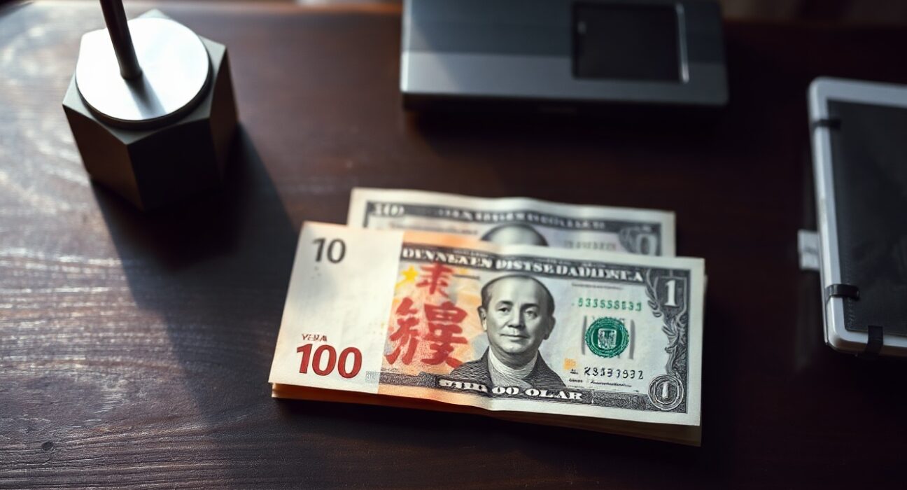 Chinese yuan and US dollar banknotes on a desk, representing forex market trends.