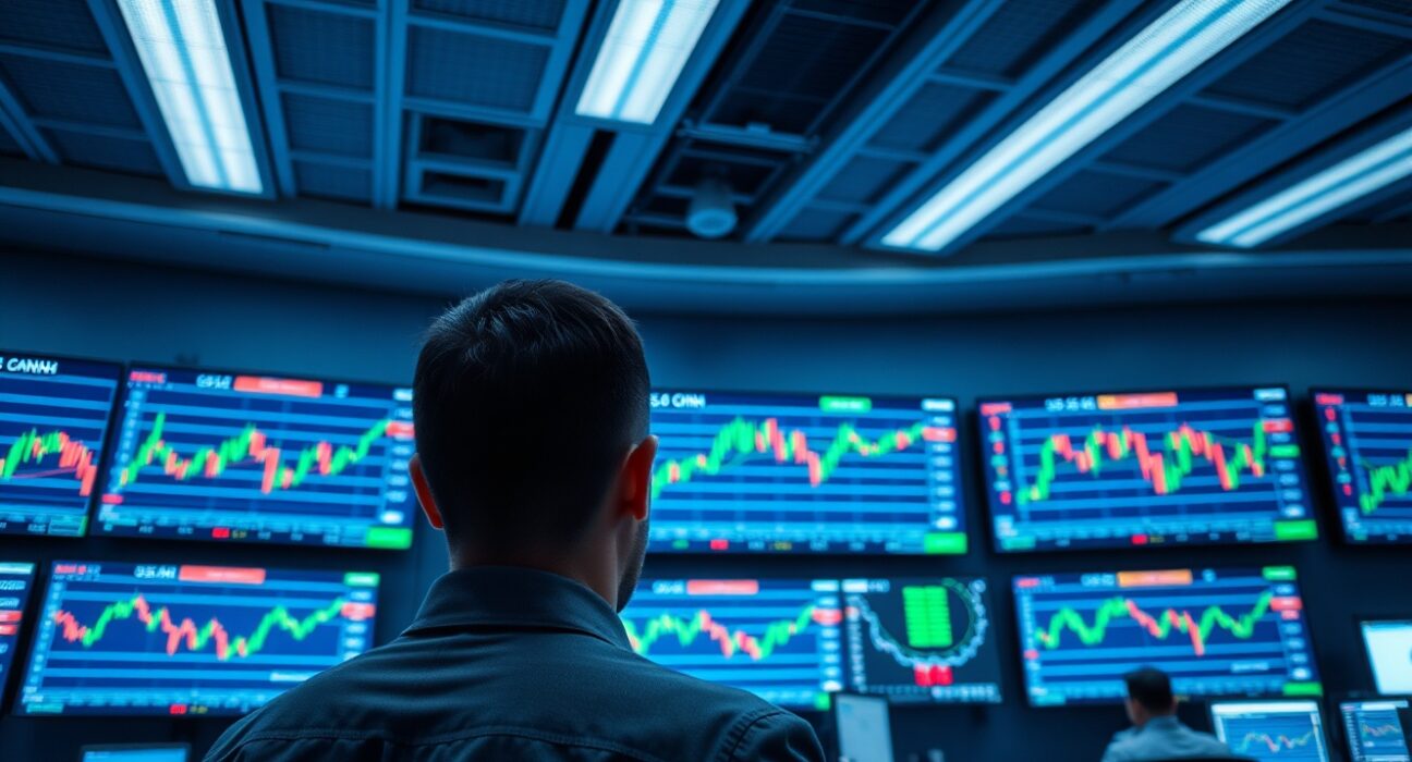 A forex trading desk monitor displaying USD/CNH exchange rate charts in a professional trading environment.