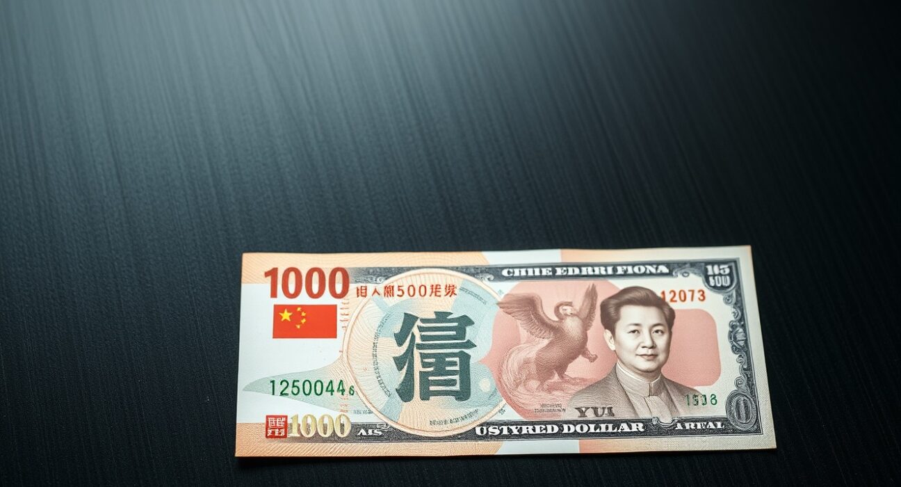 Chinese yuan and US dollar banknotes on a desk representing currency weakness and forex analysis