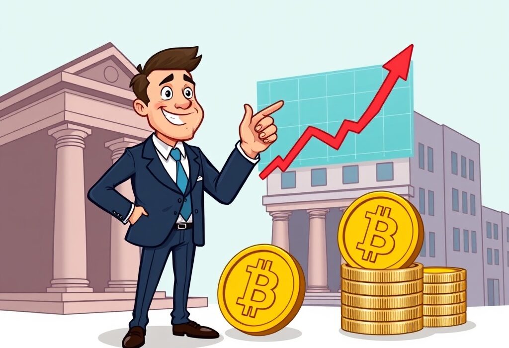 A cartoon illustration showing a wealth manager confidently investing in Bitcoin ETFs, symbolizing the increasing institutional adoption of digital assets.