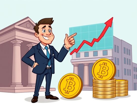 A cartoon illustration showing a wealth manager confidently investing in Bitcoin ETFs, symbolizing the increasing institutional adoption of digital assets.