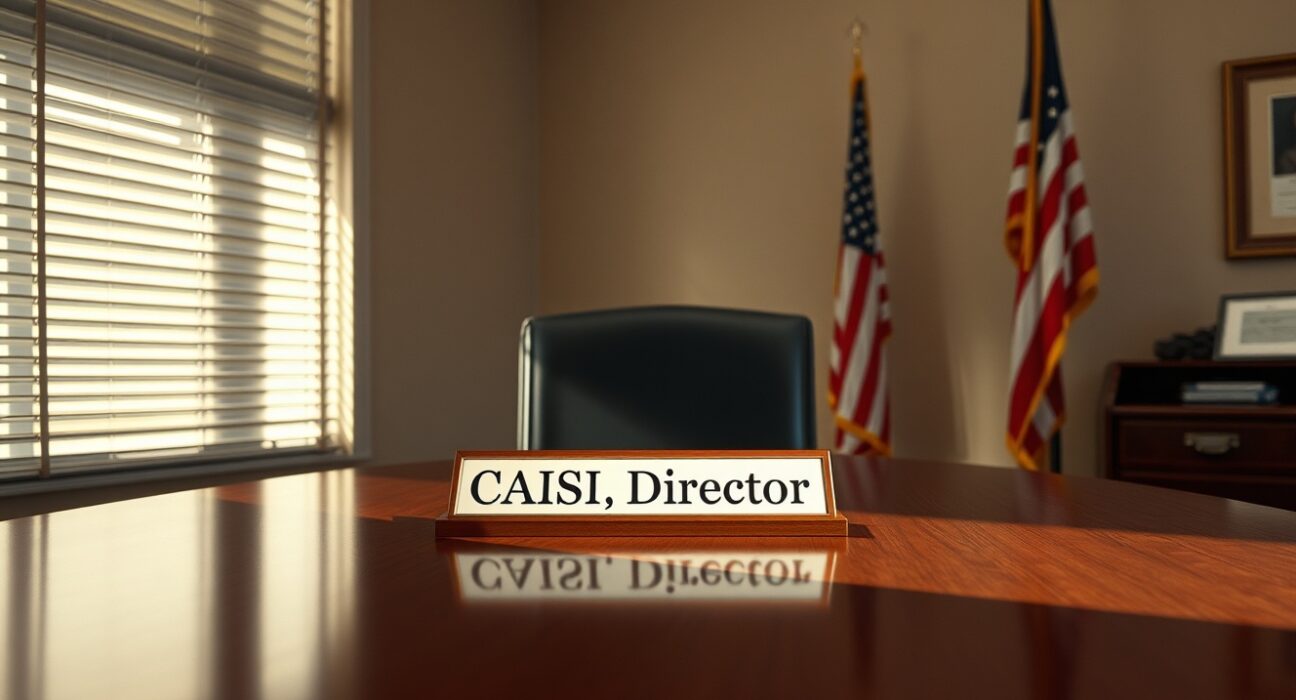 Empty government office desk with CAISI director nameplate, representing Chris Fall's resignation