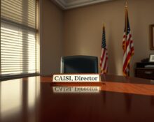 Empty government office desk with CAISI director nameplate, representing Chris Fall's resignation