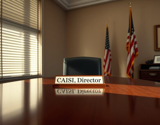 Empty government office desk with CAISI director nameplate, representing Chris Fall's resignation