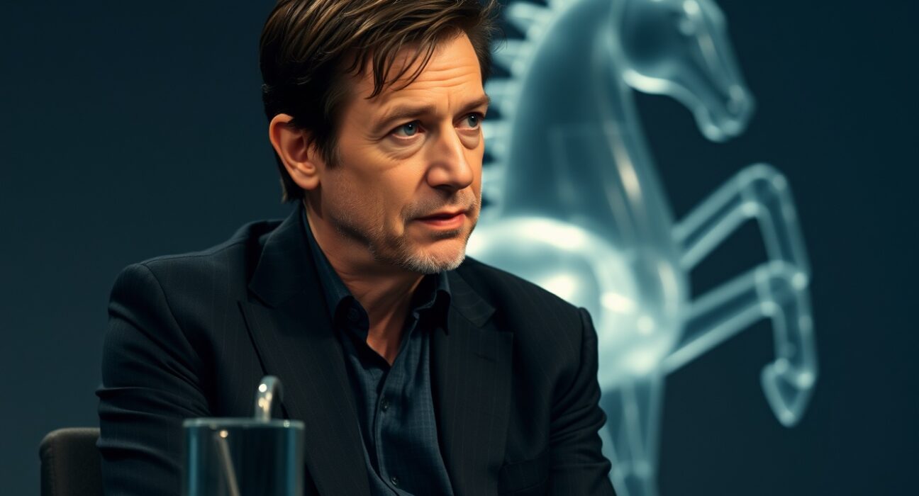Christopher Nolan speaking in an interview, with a glass horse sculpture symbolizing his AI Trojan horse analogy