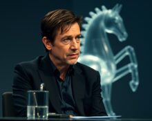 Christopher Nolan speaking in an interview, with a glass horse sculpture symbolizing his AI Trojan horse analogy