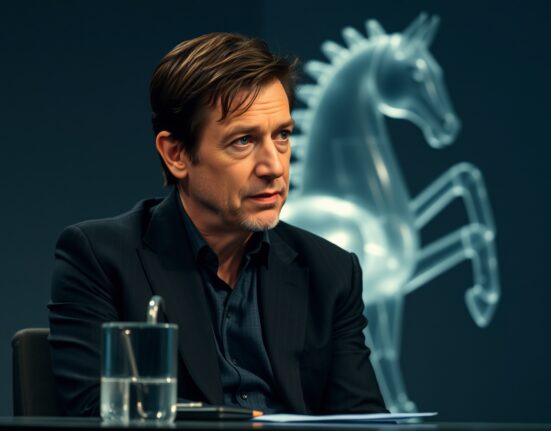 Christopher Nolan speaking in an interview, with a glass horse sculpture symbolizing his AI Trojan horse analogy
