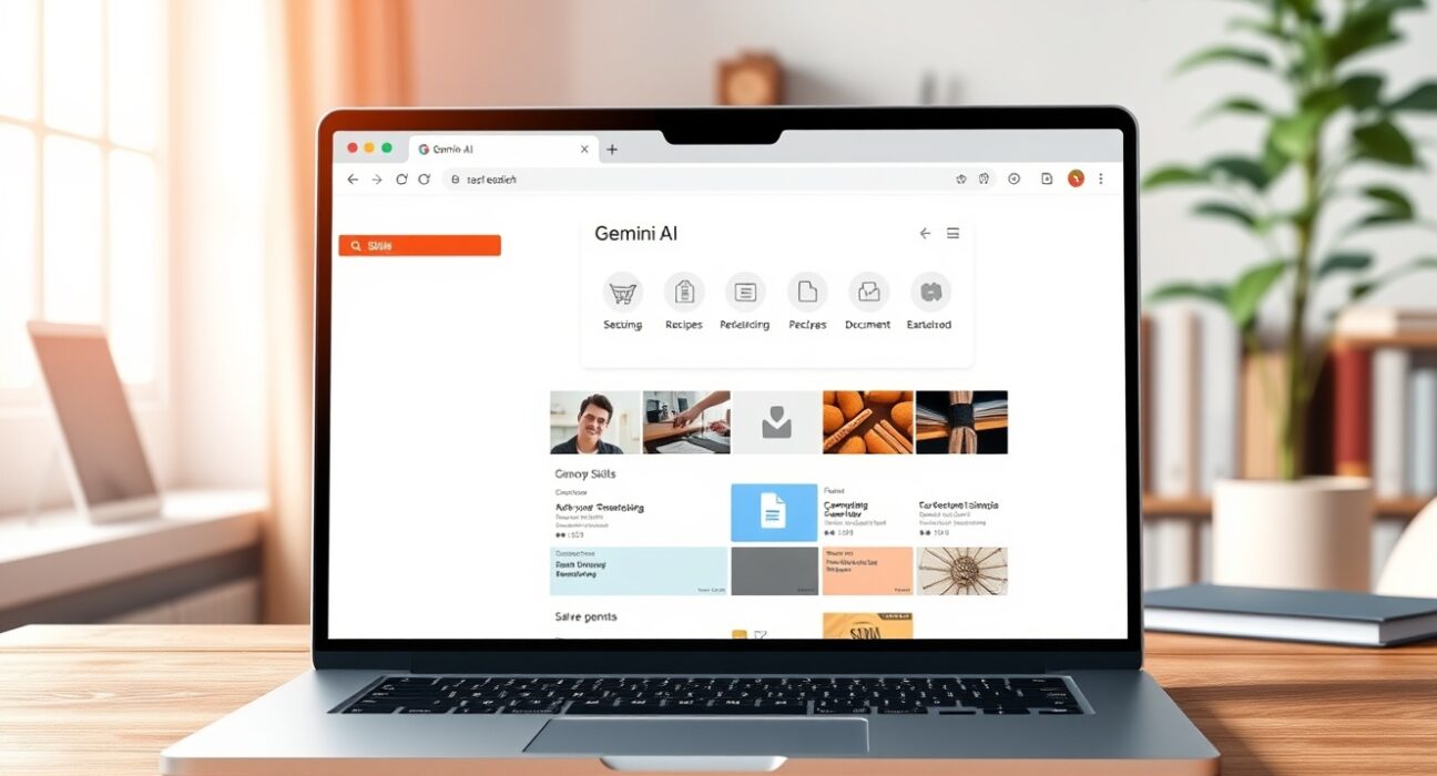 Google Chrome browser displaying new AI Skills feature for workflow automation with Gemini integration