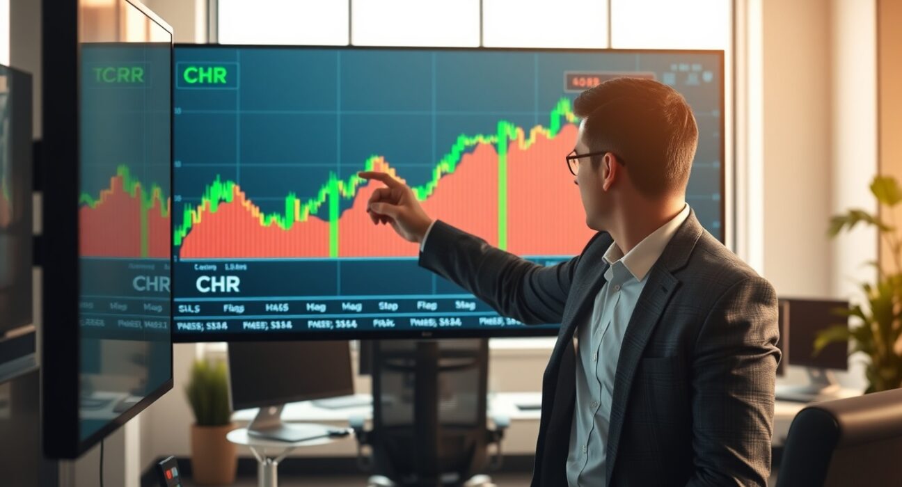 Financial analyst pointing at a bullish Chromia CHR price chart on a large screen.
