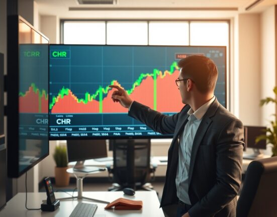 Financial analyst pointing at a bullish Chromia CHR price chart on a large screen.