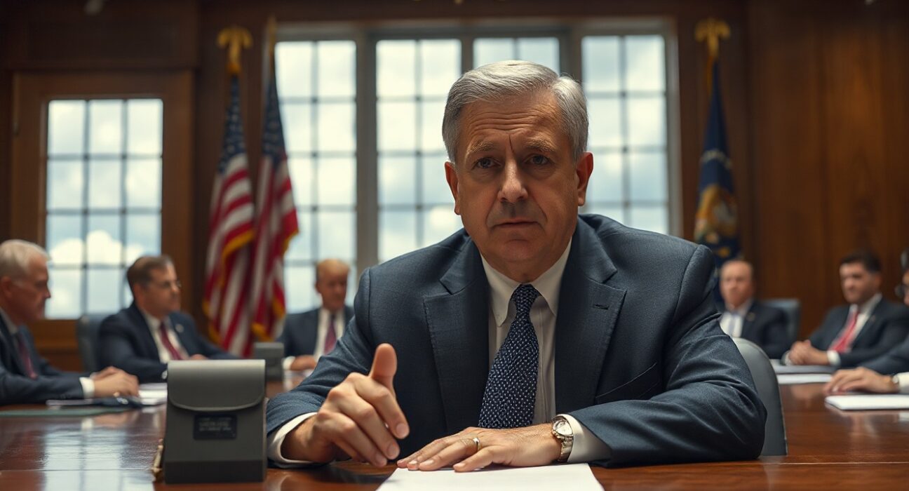 CIA Director Ratcliffe in a government meeting room, looking serious during a briefing on Iran nuclear negotiations.