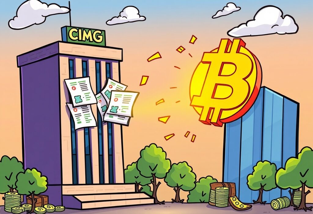 Cartoon illustration showing a corporate entity completing a groundbreaking CIMG Bitcoin acquisition, exchanging stock for digital currency.