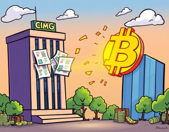 Cartoon illustration showing a corporate entity completing a groundbreaking CIMG Bitcoin acquisition, exchanging stock for digital currency.