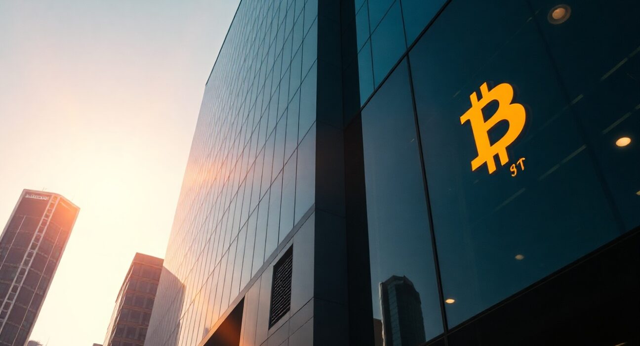 Hong Kong financial district office building with subtle Bitcoin reflection in glass