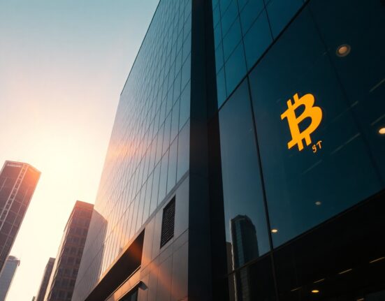Hong Kong financial district office building with subtle Bitcoin reflection in glass