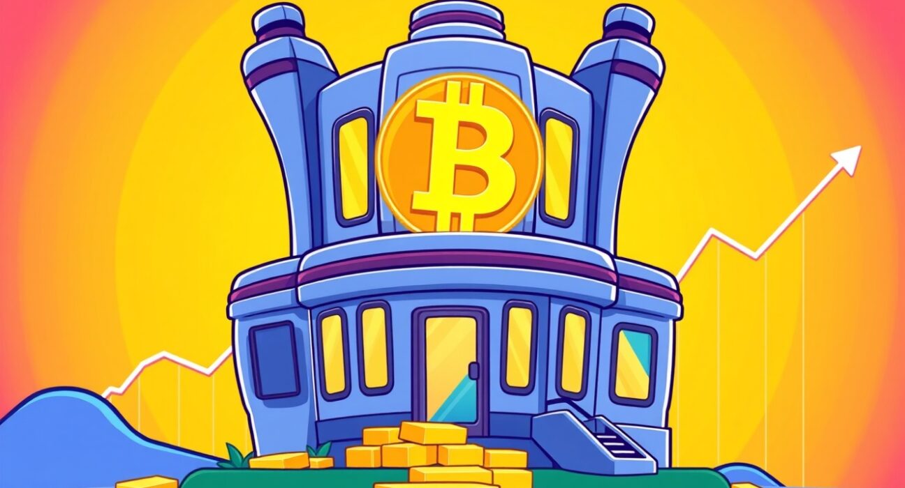 Cartoon of a corporate building fortified with Bitcoin, illustrating CIMG buys Bitcoin as a strategic asset.