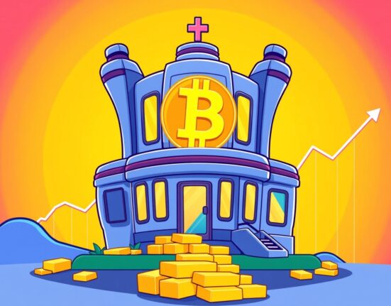 Cartoon of a corporate building fortified with Bitcoin, illustrating CIMG buys Bitcoin as a strategic asset.