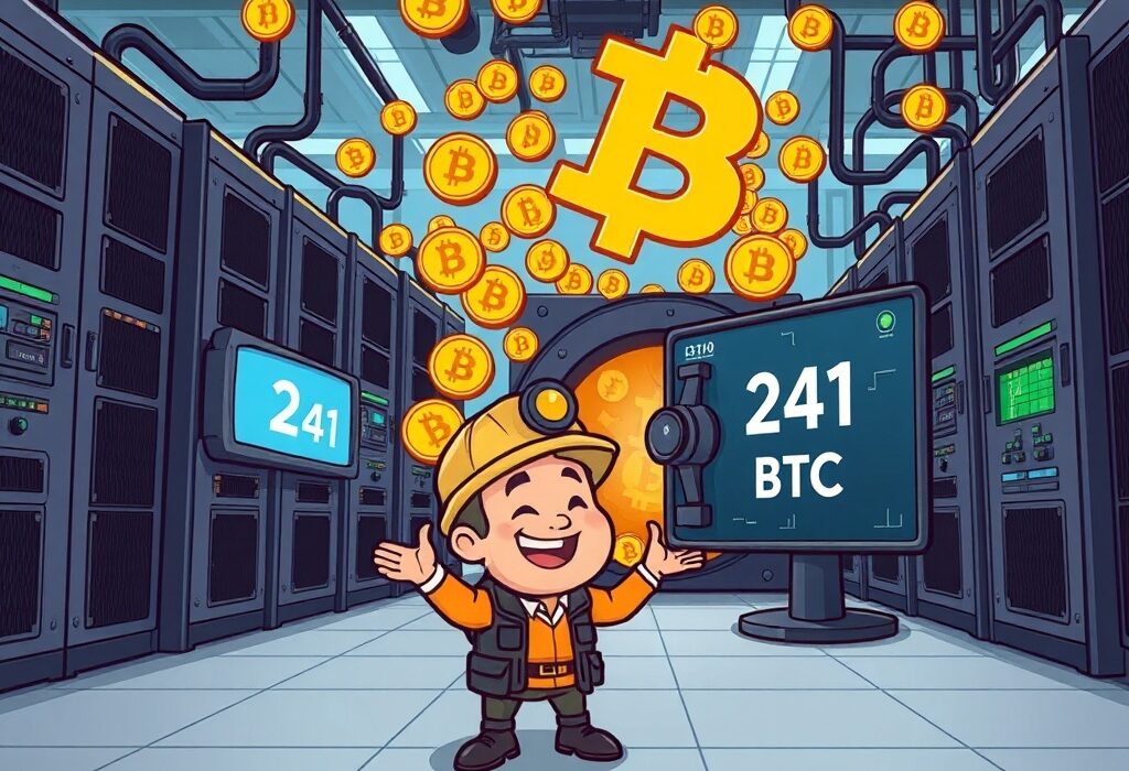 A cartoon illustration depicting successful Bitcoin mining operations at Cipher Mining, with 241 BTC highlighted as a significant achievement.