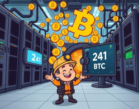 A cartoon illustration depicting successful Bitcoin mining operations at Cipher Mining, with 241 BTC highlighted as a significant achievement.