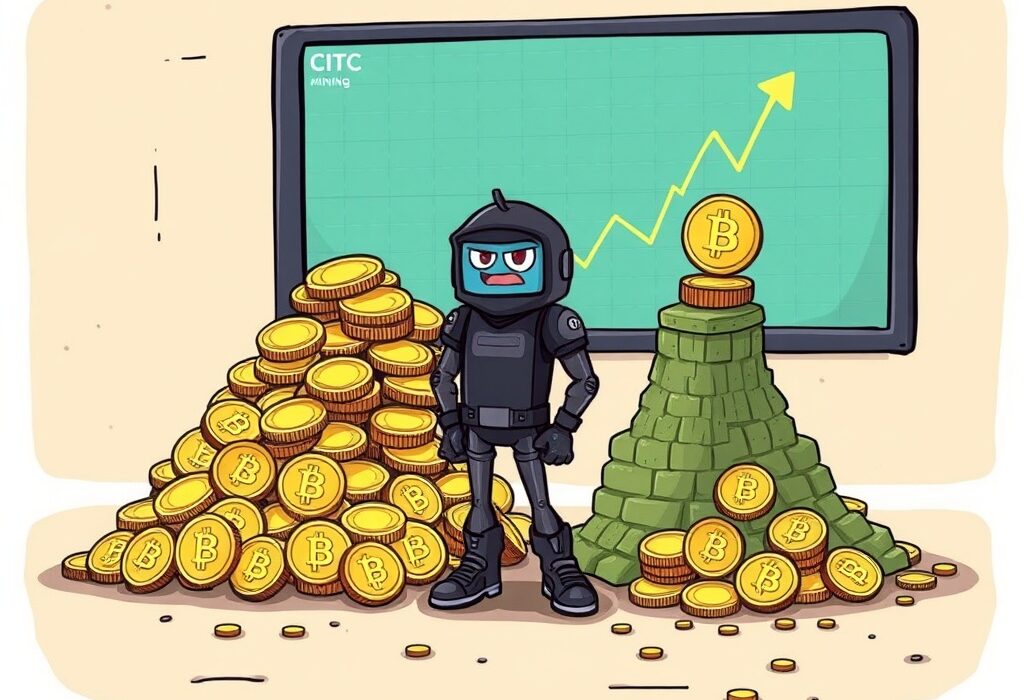 A vibrant cartoon illustration showing Cipher Mining's strategic Bitcoin operations, highlighting BTC sales and growing crypto holdings.
